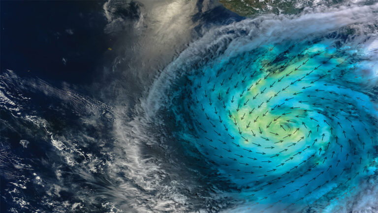 A satellite image shows a large hurricane over the ocean, with swirling clouds and directional wind arrows indicating the storm's rotation pattern.