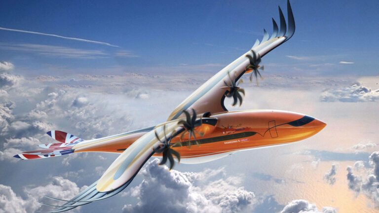 A futuristic aircraft with a sleek, bird-like design and multiple propellers flies above the clouds, showcasing a Union Jack on its tail fin.