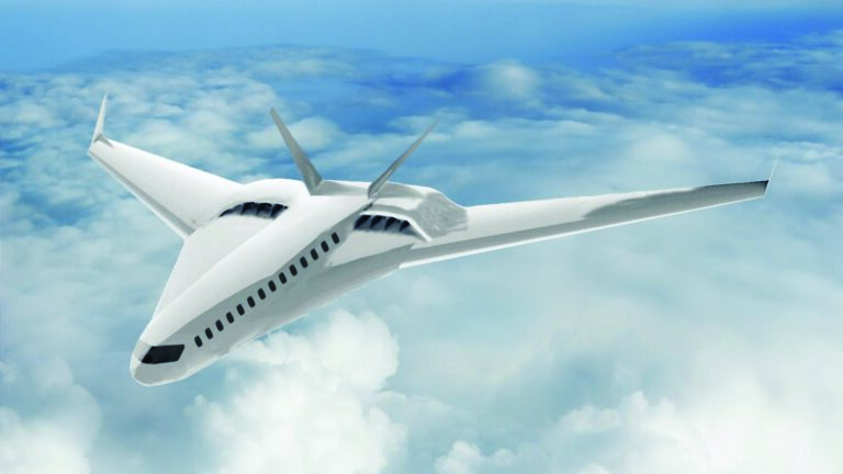 A futuristic concept airplane with a sleek, wide body design and angled wings flies above the clouds.