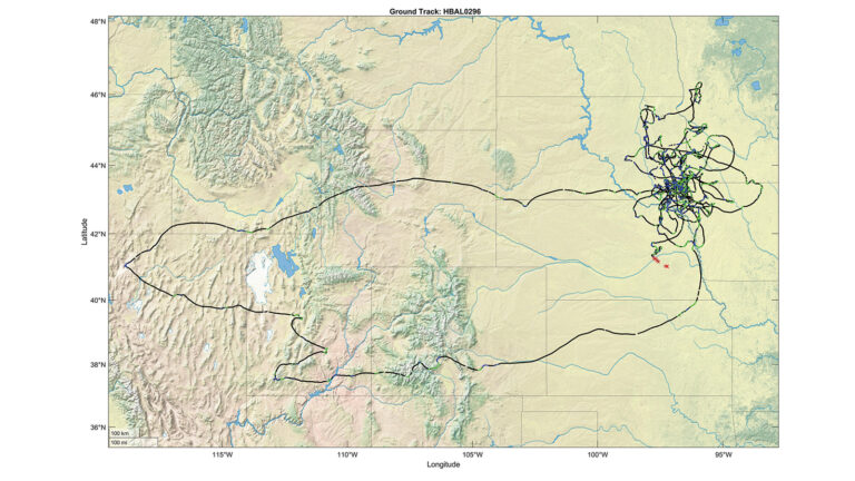 Map showing the ground track of HABAL096, with lines tracing its flight path through various regions of the United States. The path appears concentrated in the central-northern area.