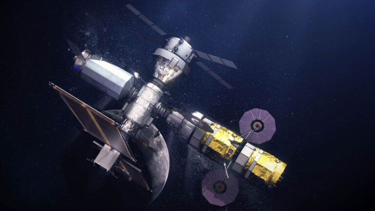 A detailed rendering of a space station orbiting in outer space with a backdrop of stars and a celestial body partially in view. The station has solar panels and multiple cylindrical modules.