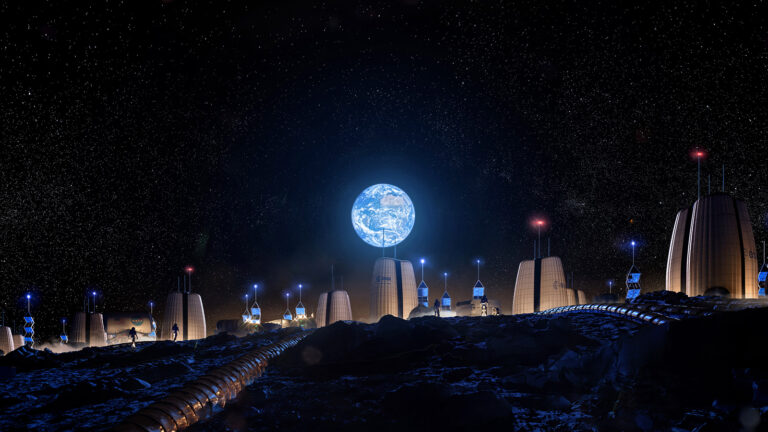 Futuristic lunar colony with structures and lights under a starry sky. Earth is prominently visible in the background.