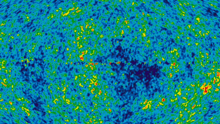 A colorful heat map illustrating cosmic microwave background radiation, with regions in blue, green, yellow, and red indicating different temperature levels in the universe.