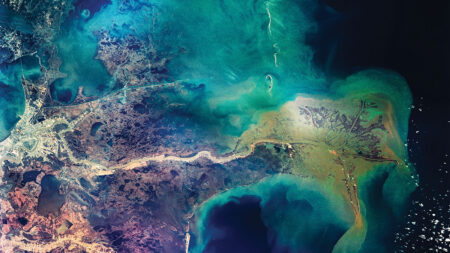 A satellite image showing a vibrant, multi-colored land and seascape with intricate coastal patterns and distinct water formations in hues of blue, green, and brown.
