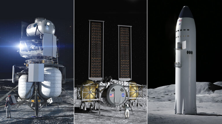 Three distinct lunar landers are depicted: one with a reflective surface and multiple compartments, another with large solar panels, and a third with a sleek, vertical design on a lunar surface.