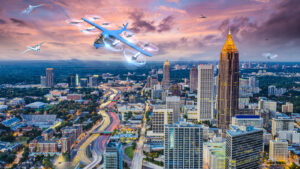 A futuristic cityscape featuring multiple flying vehicles above skyscrapers and a busy highway at sunset.