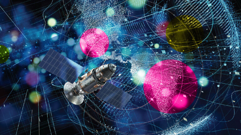 A spacecraft is depicted in space, surrounded by abstract, colorful graphics and digital patterns, including pink spheres and blue lines.