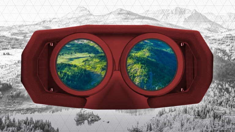 Red binoculars with green and blue reflected lenses, set against a grayscale, mountainous landscape background with an overlaying grid pattern.