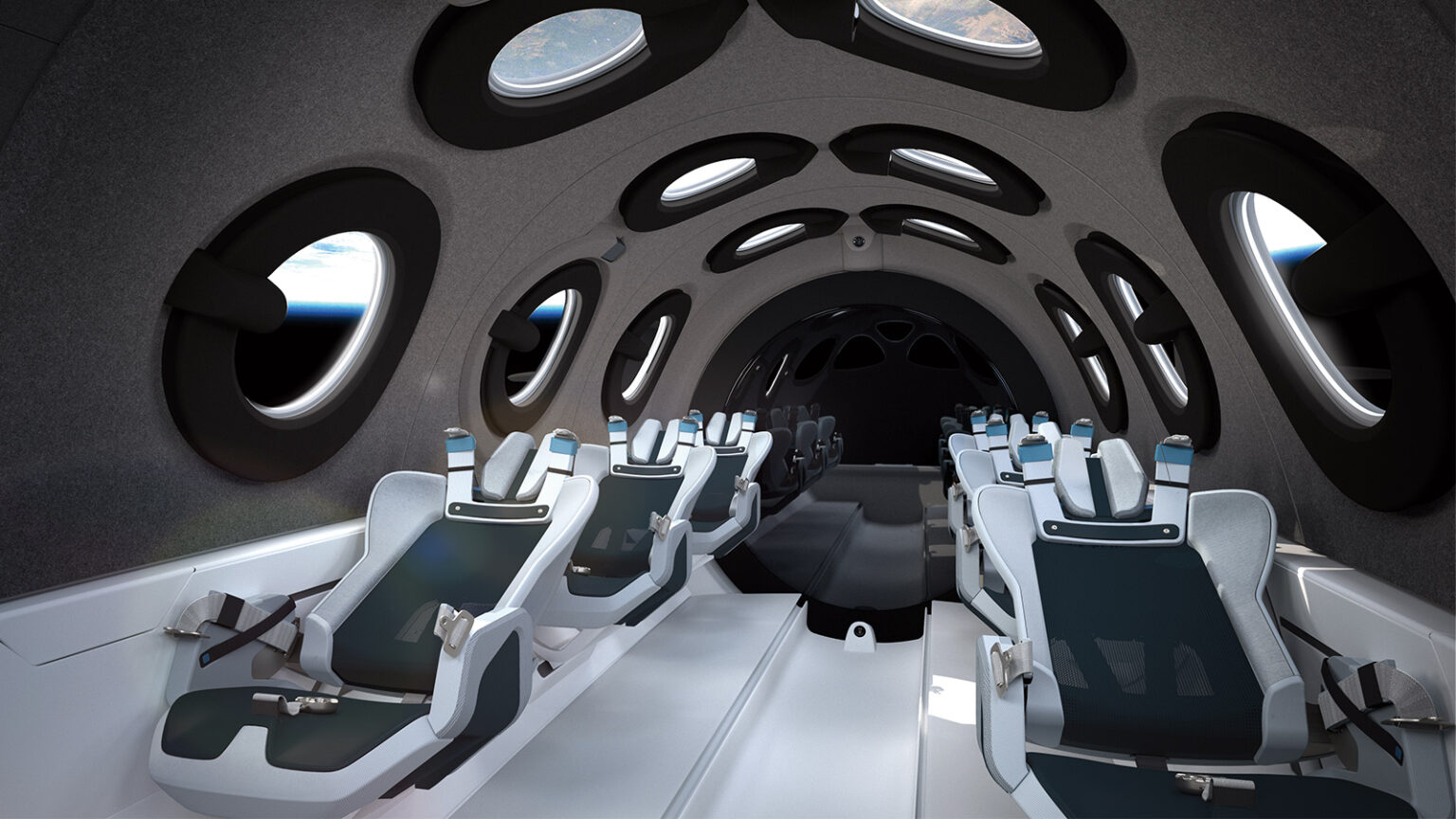 Interior view of a futuristic spacecraft cabin featuring rows of sleek, modern seats and numerous circular windows that offer external views of space.