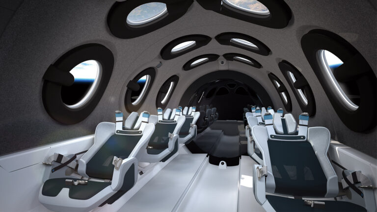 Interior view of a futuristic spacecraft cabin featuring rows of sleek, modern seats and numerous circular windows that offer external views of space.