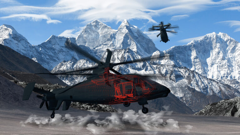 Two helicopters fly near snow-covered mountains. The front helicopter has a semi-transparent overlay showing its internal structure.