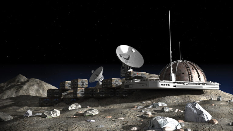 A lunar base with large satellite dishes and various structures, situated on a rocky moon surface under a starry sky.