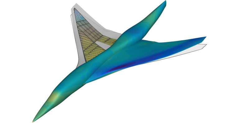 A color-coded 3D model of an aircraft demonstrates stress distribution analysis, showing varying levels of stress across different wings and body parts.