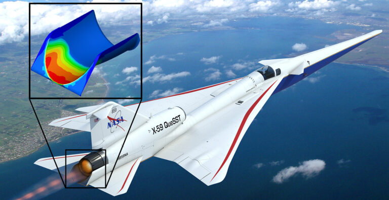 Plasma measurement and hypersonic flight testing among developments The image shows the NASA X-59 QueSST aircraft in flight, with a small inset illustrating a colored, computer-generated aerodynamic analysis.