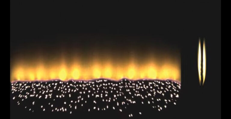 Microgravity research aids long-duration human space missions A dark background with a horizontal yellow and orange glowing strip on top and a field of small white dots below. A similar vertical glowing strip is on the right side.