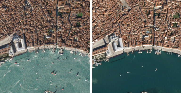 Aerial images show a coastal city with dense, tan-colored buildings bordering clear, blue-green water populated by boats. The right half of the image is more zoomed in than the left.
