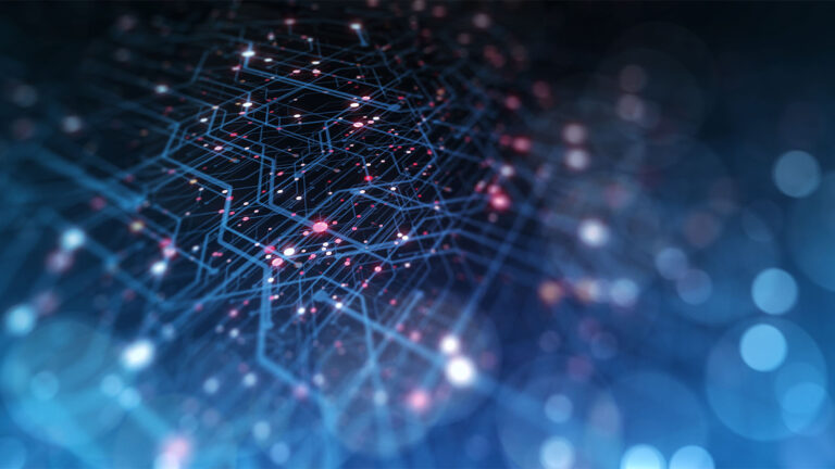 A complex network of blue and red interconnected lines and nodes on a dark background, resembling a digital or neural network. The image has glowing points and a bokeh effect in the periphery.