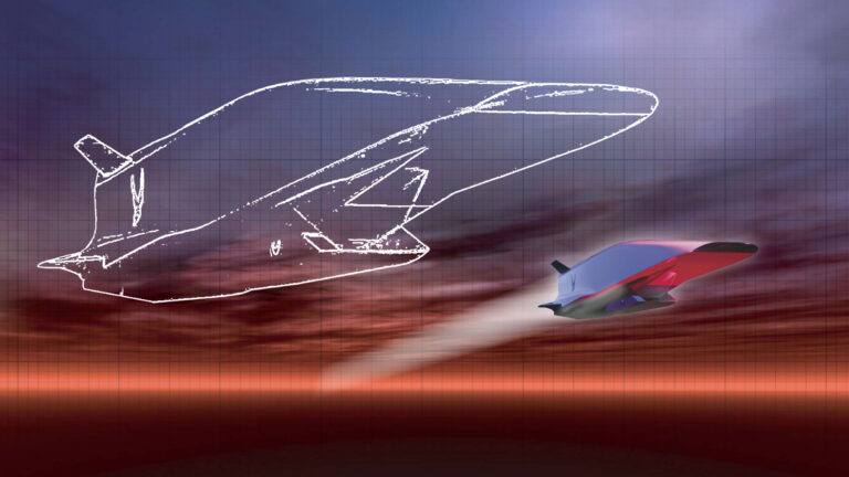 A futuristic aircraft flies over a horizon with a technical blueprint of the aircraft displayed in the background. The scene has a reddish hue with a grid overlay.