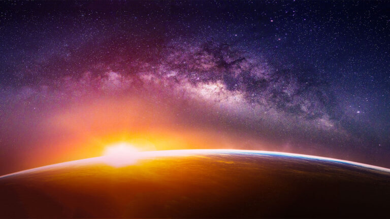 A glowing sun rising over the horizon of Earth, with the Milky Way galaxy visible in the night sky above.
