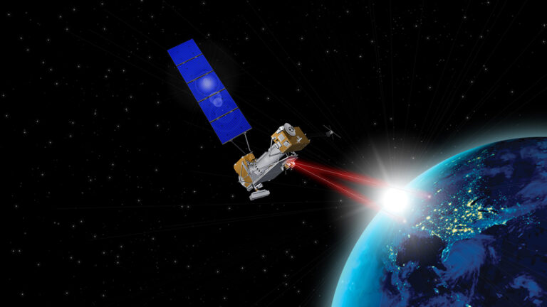 A satellite with blue solar panels emits a red laser beam towards Earth against a backdrop of space and stars.