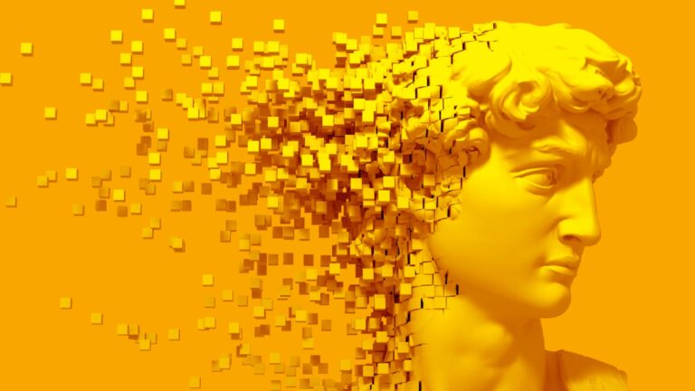 A yellow digital sculpture of a head disintegrates into small cubes, set against an orange background.