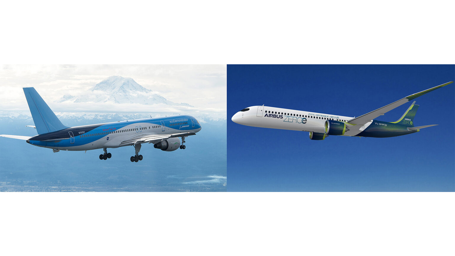 Side-by-side images of a Boeing 797 in flight with a mountainous backdrop on the left, and an Airbus A220-300 in flight against a clear blue sky on the right.