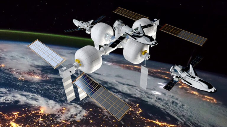 A space station with multiple modules, solar panels, and docked spacecraft orbits above Earth, with city lights visible below and space as the background.