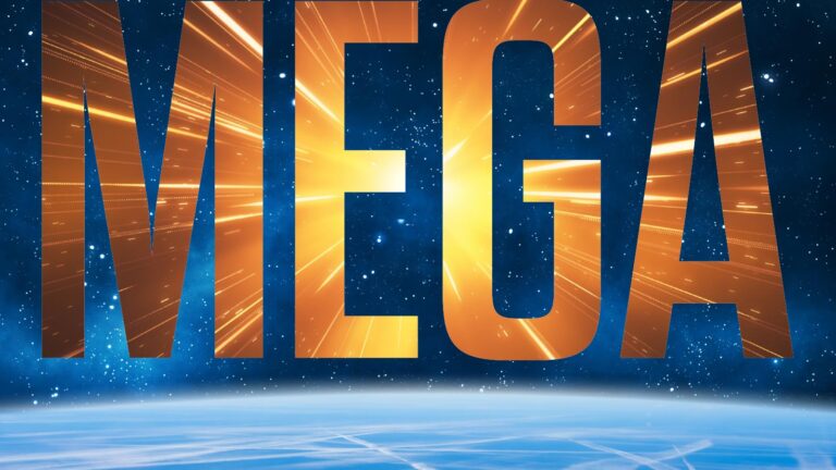 The word "MEGA" in large gold letters with light streaks, set against a starry sky and a view of Earth from space.