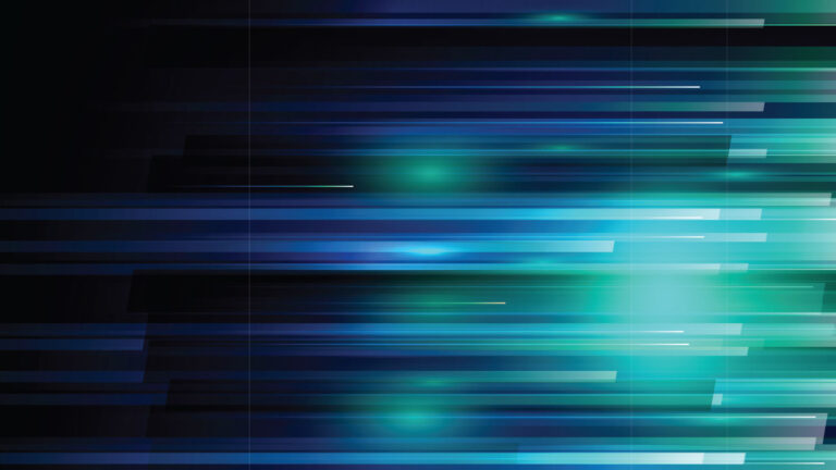 Abstract image featuring horizontal streaks and lines in various shades of blue and green on a dark background.