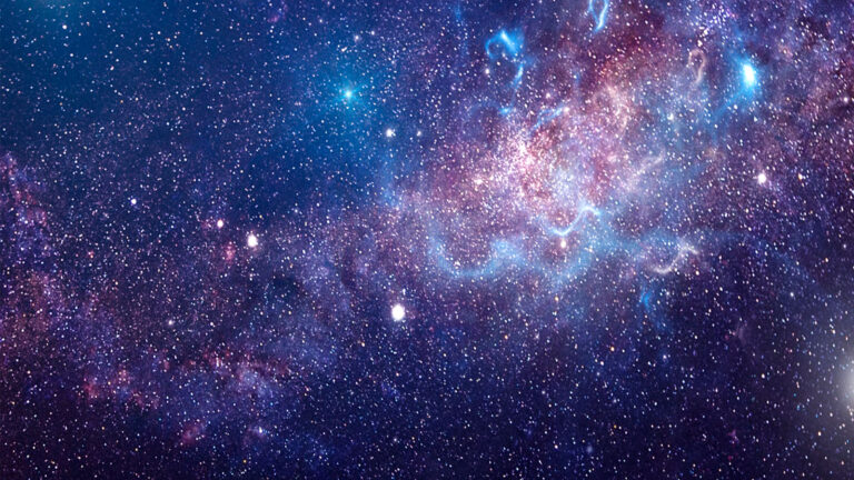 A colorful view of space showing stars, nebulae, and cosmic dust illuminated against a dark background.