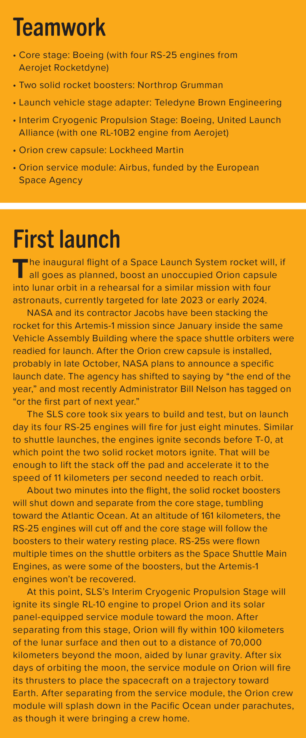 An infographic detailing the SLS rocket's core stage contributors and Orion's first moon orbit mission. Key points include team members, propulsion specifics, and the mission's travel and return plans.