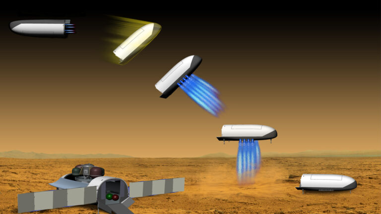 Illustration showing a multipart sequence of a spacecraft detaching from an orbiter, descending through the atmosphere with thrusters, and landing on a brown, barren surface.