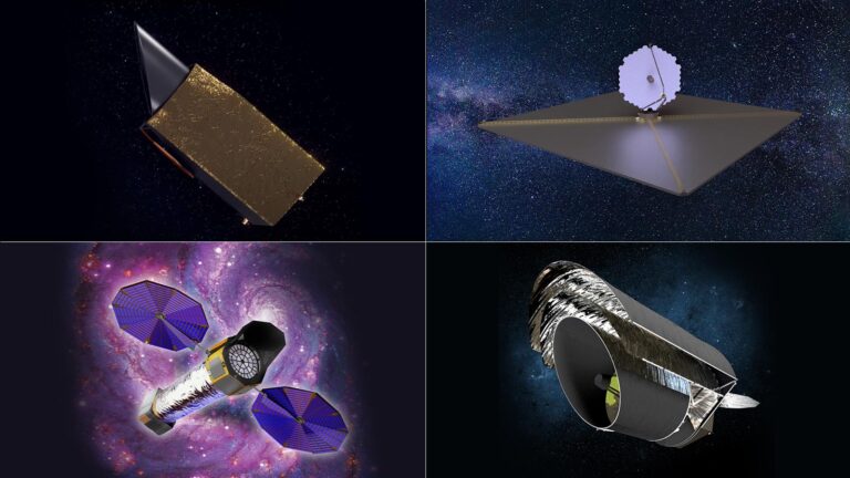 Four different space telescope concepts are shown against a cosmic background in a 2x2 grid layout. Each concept features unique designs and configurations.