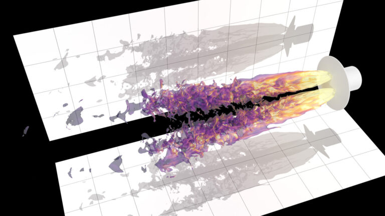 Visualization of fluid dynamics simulation showing turbulent flow with colored gradients representing different velocities, set against a grid background.