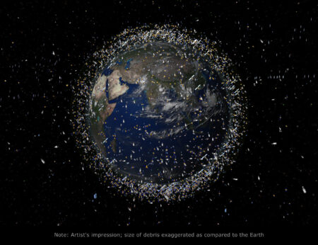 Artist's impression of Earth surrounded by exaggeratedly sized orbital debris against a black space backdrop.