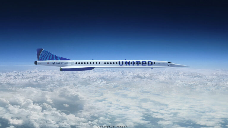 Conceptual render of a United Airlines supersonic jet by Boom Supersonic, named Overture, flying above the clouds against a deep blue sky.