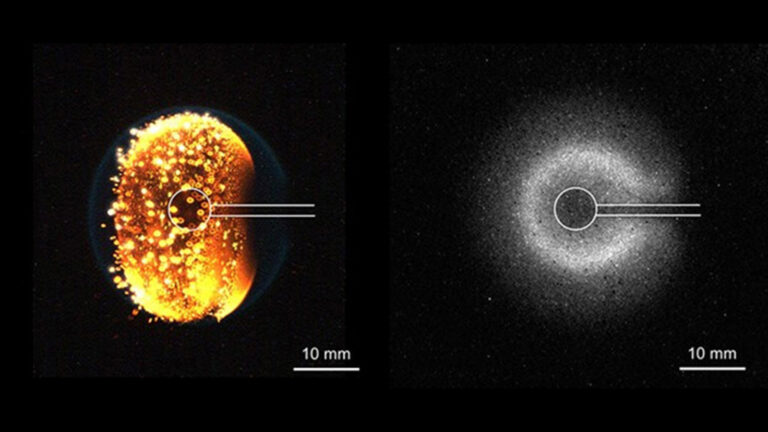 Steady progress in microgravity research leveraging diverse flight platforms Composite image showing two views of a material under stress: the left shows a colorful, grainy texture, while the right displays a black-and-white distribution pattern. Both have a 10 mm scale indicator.