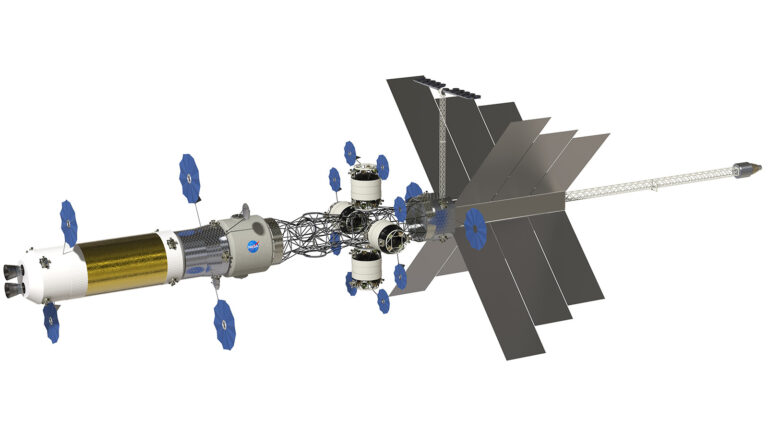 A computer-generated image of a space station with multiple modules, solar panels, and docking ports.