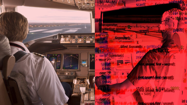An airplane pilot in a cockpit is juxtaposed with a red-tinged image of a person surrounded by floating computer code snippets.