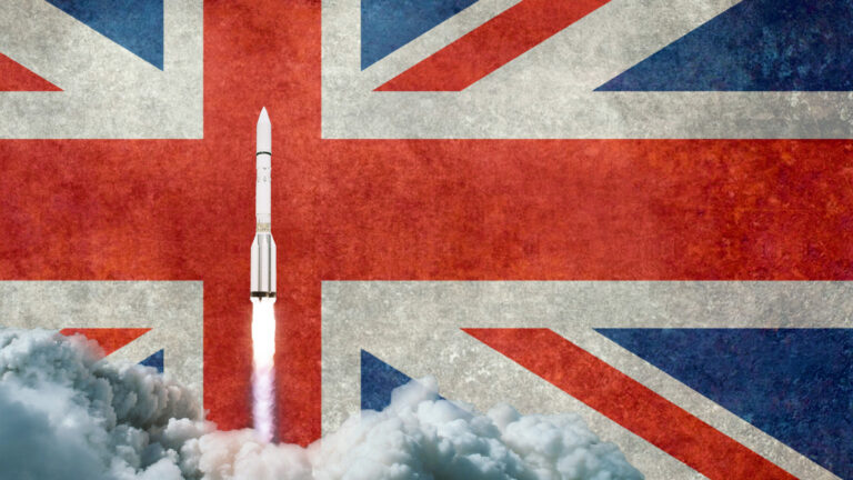A rocket is launching with the British flag in the background.