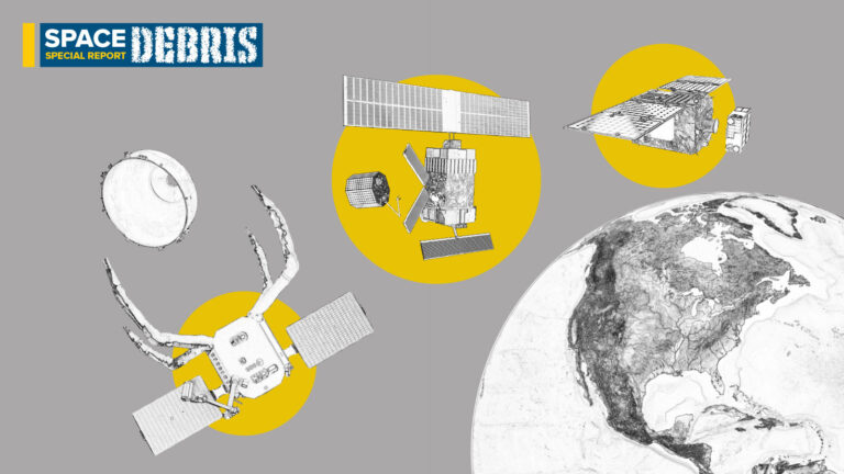 Illustration showing space debris in orbit around Earth, featuring defunct satellites and other space junk with a view of North America on Earth. Text reads "Space Special Report: Debris.