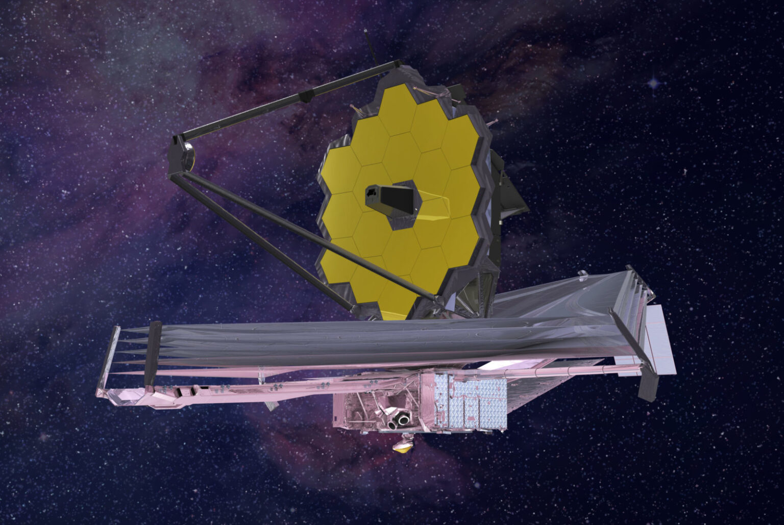 Image of the James Webb Space Telescope in space with its large, hexagonal, gold mirror extended, set against a backdrop of stars and galaxies.