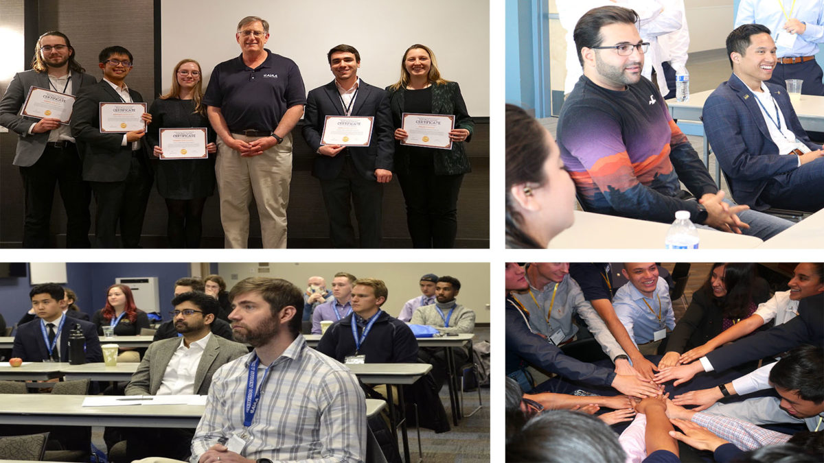 A collage of four images showing various people at a corporate event. The images include award presentations, group discussions, a lecture, and a teamwork exercise.