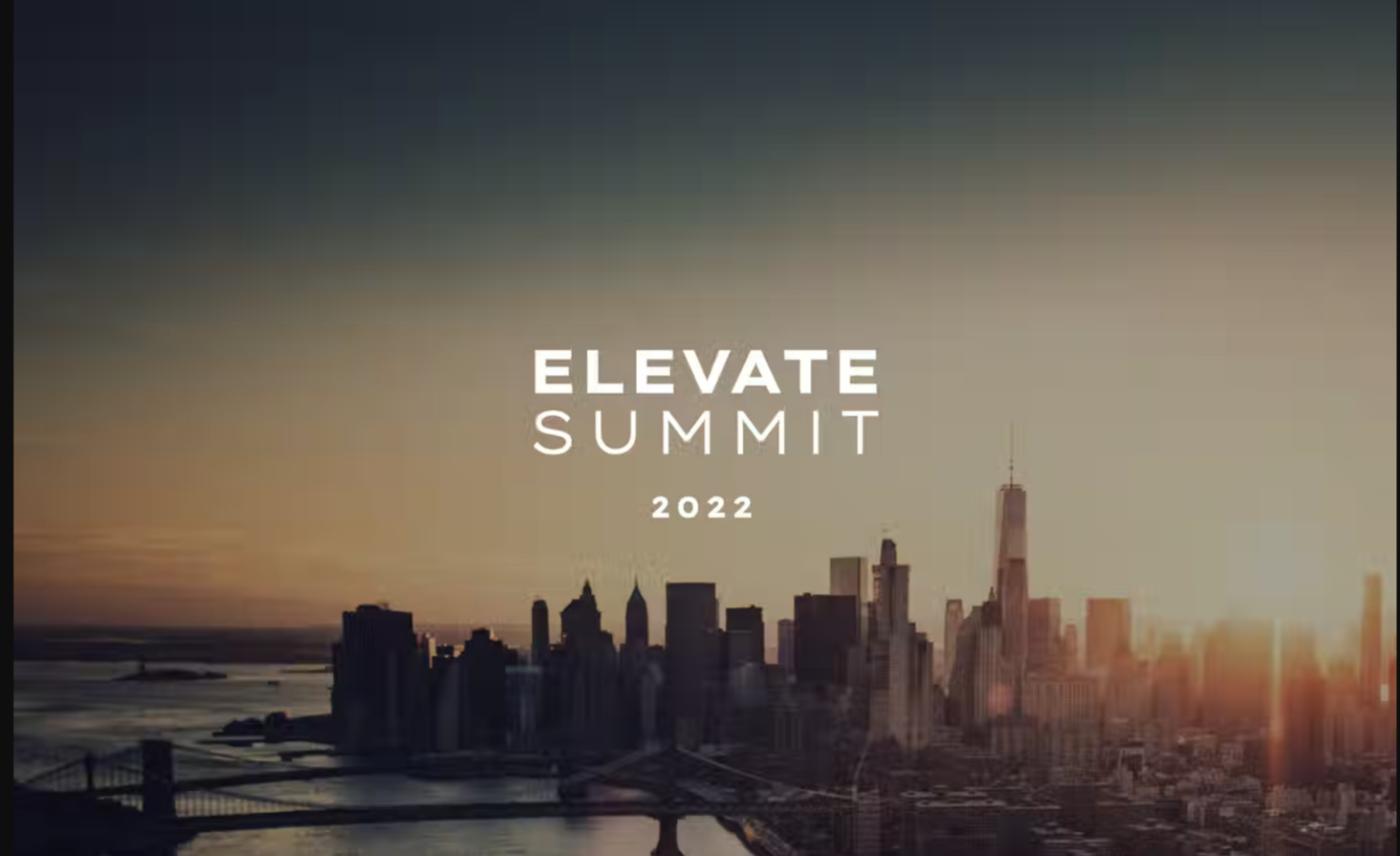A sunrise over a city skyline with the text "Elevate Summit 2022" in white letters centered at the top.