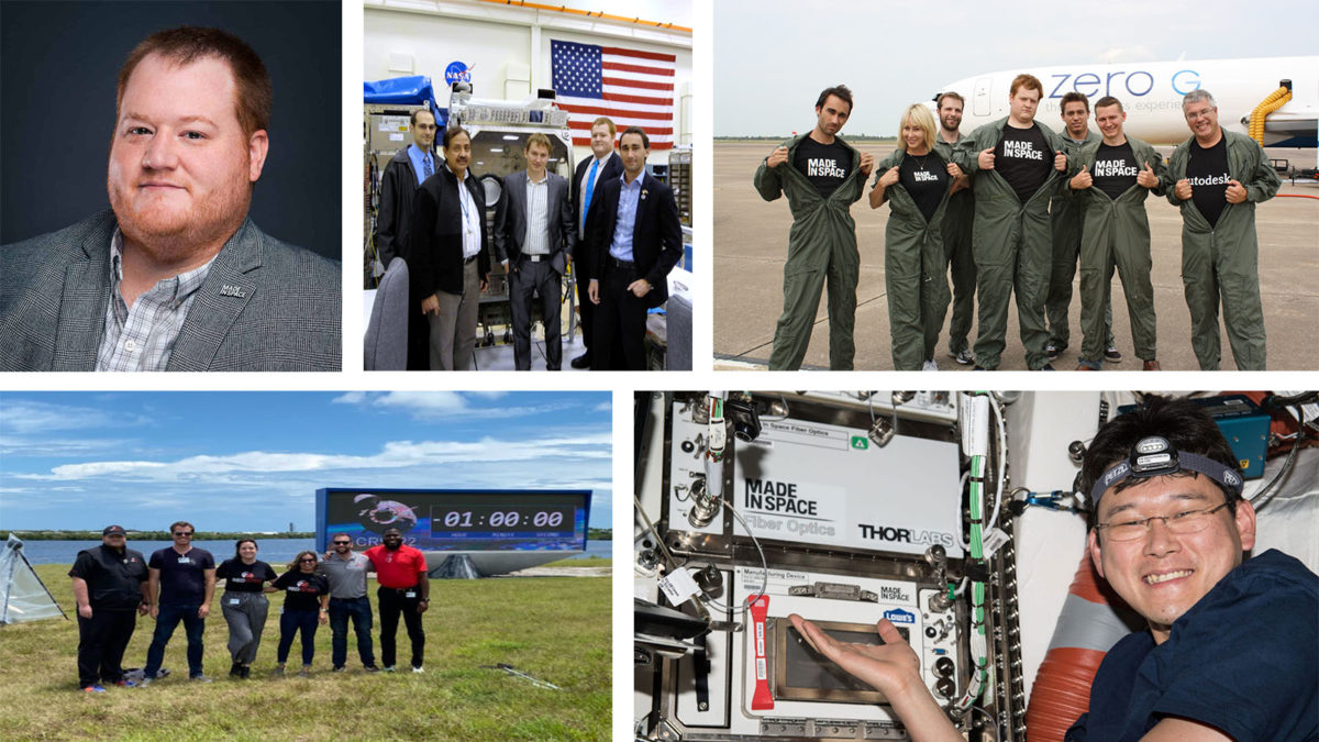 Collage of space-related activities: portrait of a man, group in a space lab by US flag, team in flight suits, group by space countdown timer, person working on equipment in spacecraft, and ISS astronaut.