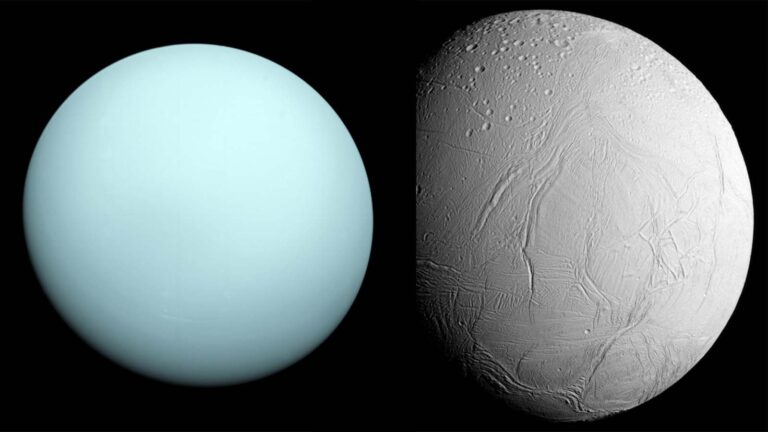 Side-by-side images of Uranus, a blue-green planet, and Enceladus, Saturn's icy moon, showing its surface with cracks and ridges.