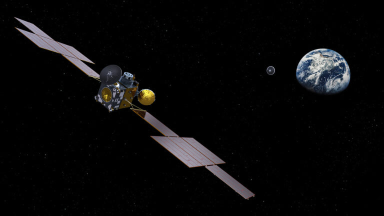 A spacecraft with extended solar panels floats in outer space, with Earth and a small celestial body visible in the distance.