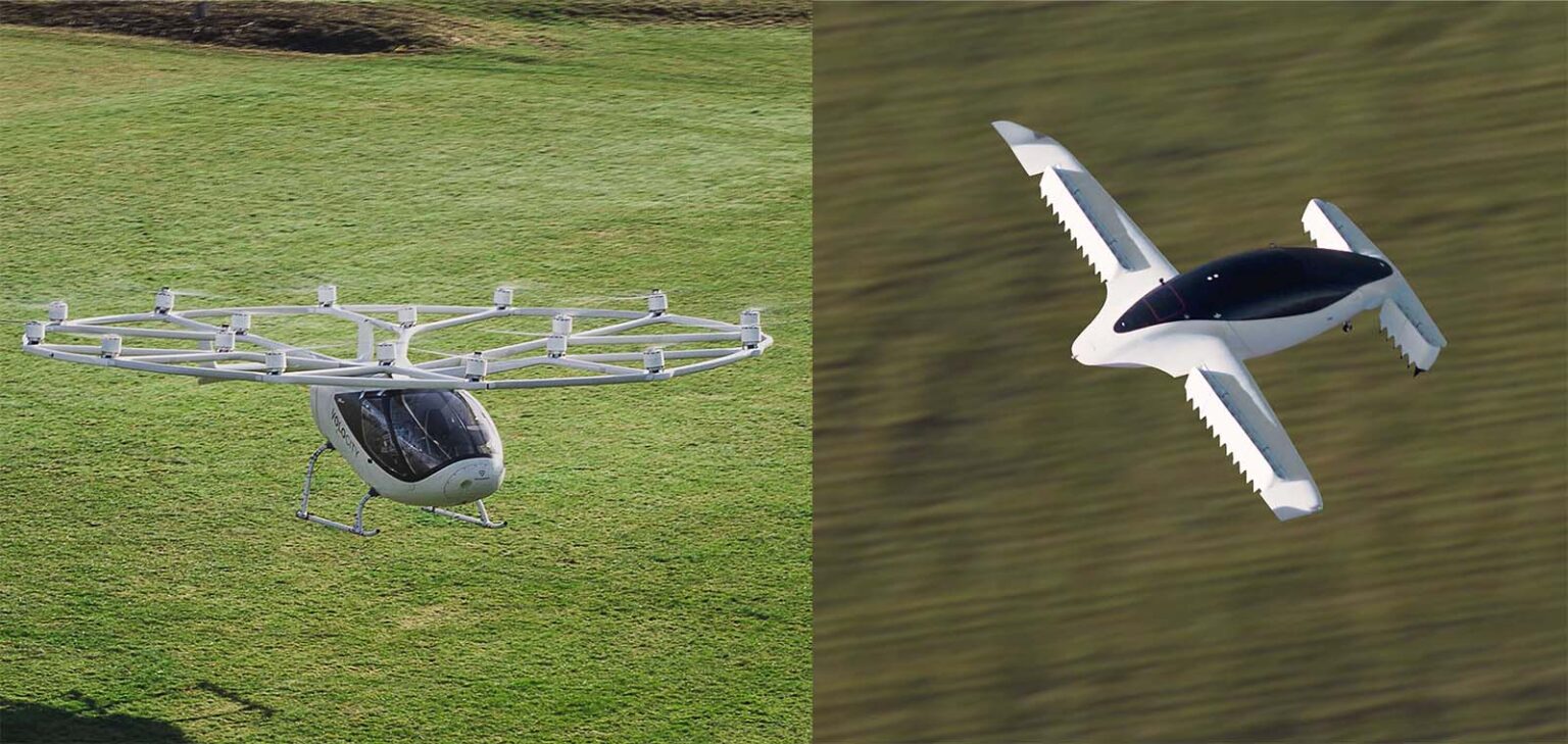 Two modern aerial vehicles: a multi-rotor drone-like aircraft on the left and a sleek, winged electric vertical takeoff and landing (eVTOL) aircraft in flight on the right, both flying over grass.