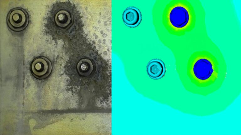 Image split into two sections: left shows four bolts on a rusted surface; right displays a colorful thermal map with blue and green areas corresponding to the positions of the bolts.