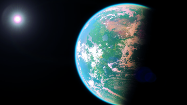 A partially illuminated Earth-like planet with visible blue and green surface features, set against the blackness of space, with a distant star shining brightly on the left side of the image.